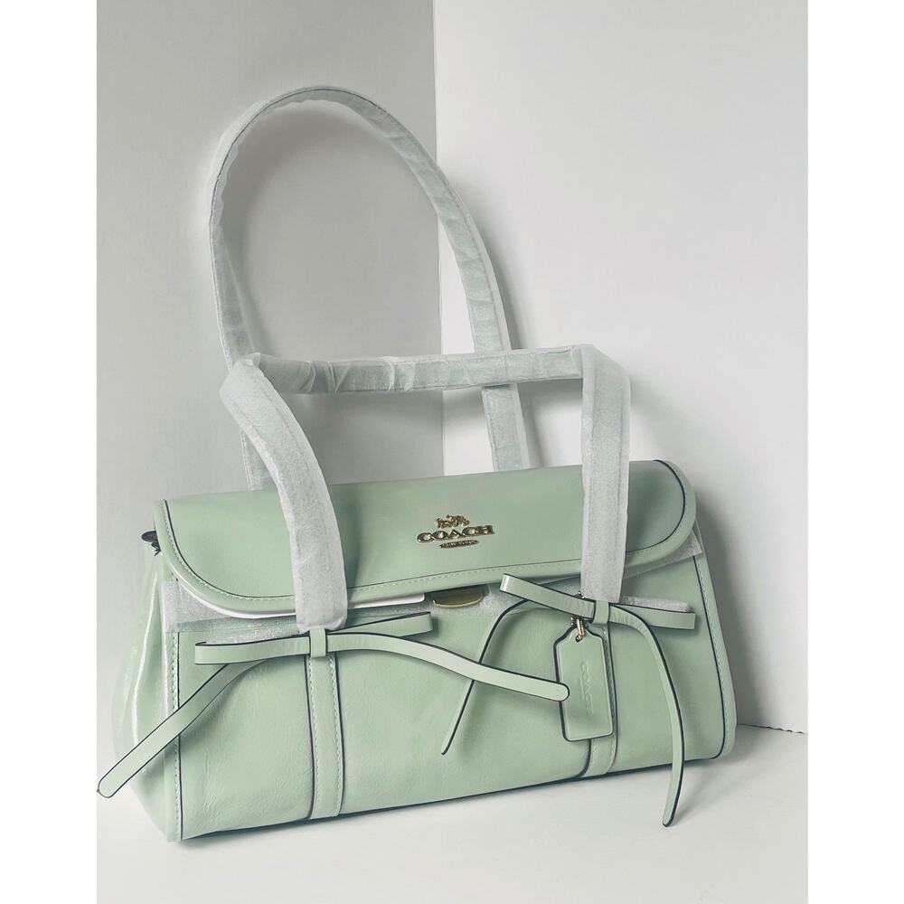 Coach Bridget Flap Shoulder Bag With Bows Light Pistachio Crinkle Leather CDY94 - Picture 3 of 16